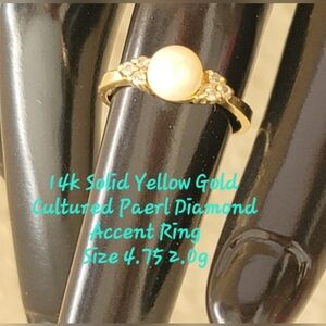 14k Yellow Gold Cultured Pearl Diamond Accent Ring Size 4.75 2.0g